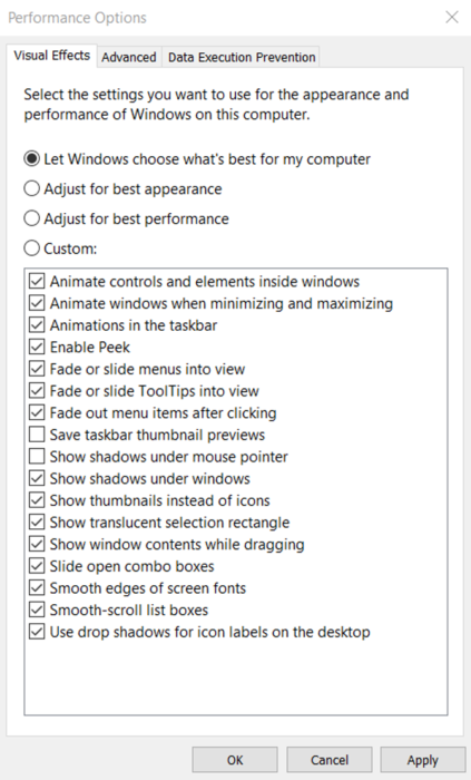 Windows Visual Effects Settings