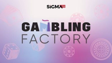 Gambling Factory’s banner for the SiGMA Malta Europe Summit 2023 event, backed by images of casino chips, dice, and playing cards with the company’s logo in the center and the SiGMA logo at the top