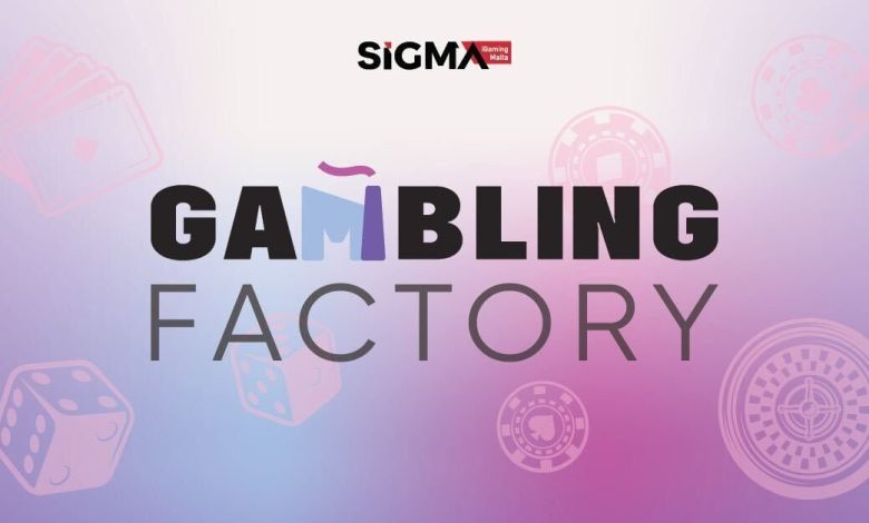 Gambling Factory’s banner for the SiGMA Malta Europe Summit 2023 event, backed by images of casino chips, dice, and playing cards with the company’s logo in the center and the SiGMA logo at the top