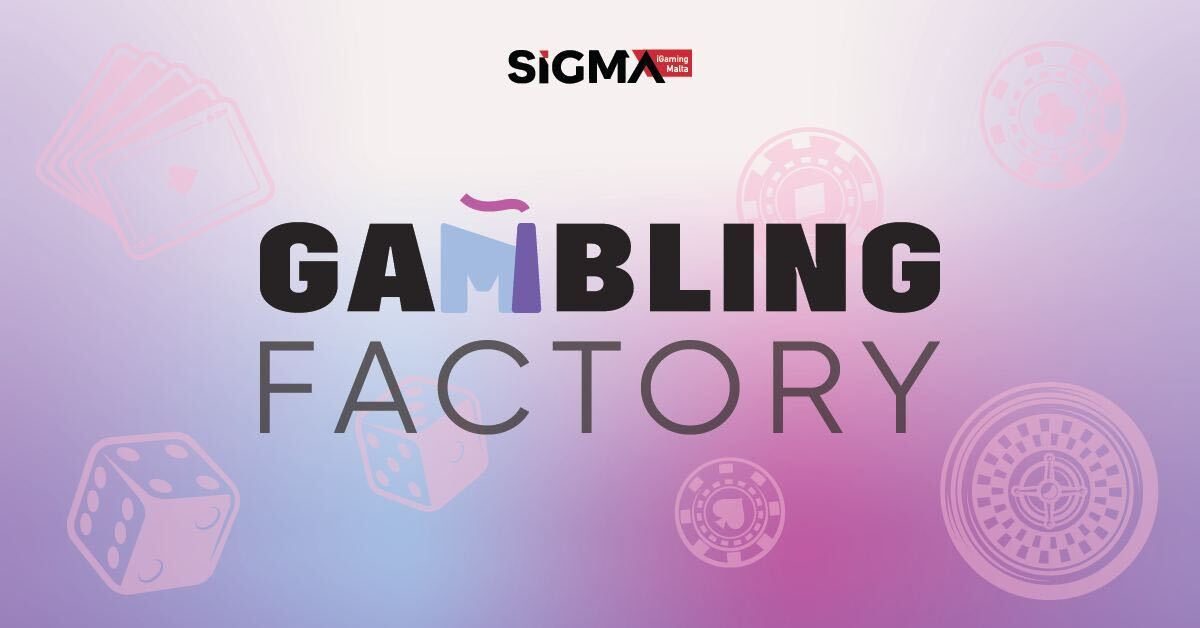 Gambling Factory’s banner for the SiGMA Malta Europe Summit 2023 event, backed by images of casino chips, dice, and playing cards with the company’s logo in the center and the SiGMA logo at the top